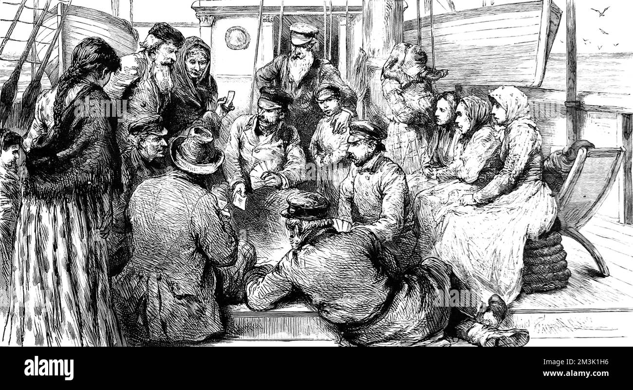 Incisione di un gruppo di carte da gioco sul ponte. Signore in Headsciarves guardare. Il punto dietro il disegno è che gli ebrei non osservano la domenica come il loro sabato, i cristiani non giocheranno le carte la domenica. Data: 1891 Foto Stock