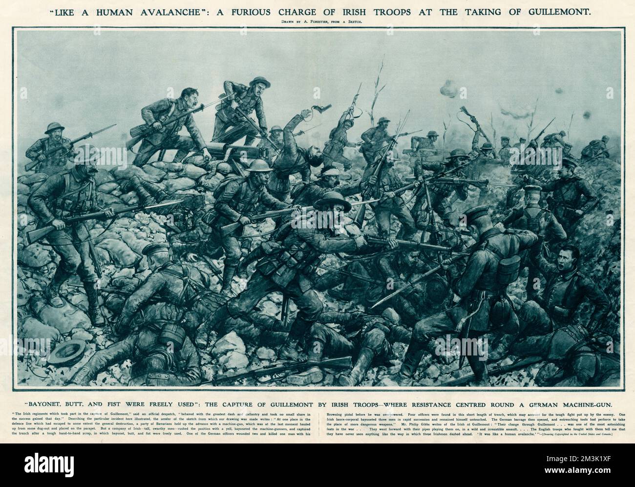 Truppe irlandesi che attaccano posizioni tedesche a Guillemont, 1916 settembre. Soldati irlandesi impegnati in feroci combattimenti mano a mano in un posto mitragliatore che sopravvisse al bombardamento di artiglieria alleata prima dell'attacco. La Battaglia di Guillemont iniziò il 3rd settembre 1916 come parte della maggiore offensiva britannica che iniziò con la Battaglia della Somme nel luglio di quell'anno. Data: 1916 Foto Stock