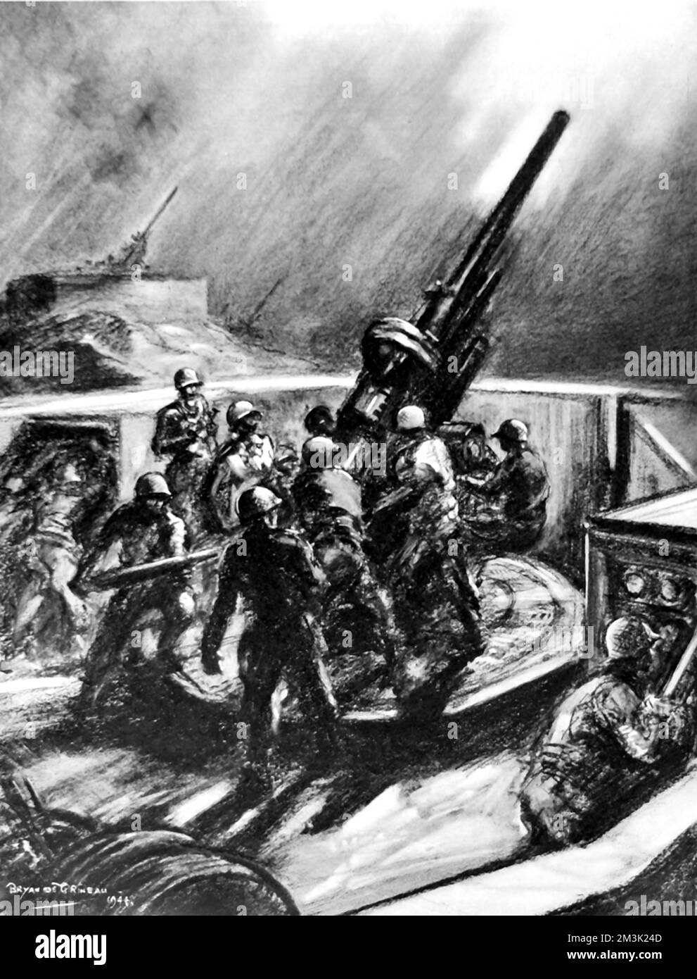 Unità antiaerea americana che spara contro i bombardieri nemici, durante un raid tedesco a Londra. La pistola mostrata è un'arma da 90 mm. Questa immagine è stata abbozzata dall'artista speciale illustrato del notiziario di Londra, il capitano Bryan de Grineau, durante una visita ad un sito di armi degli Stati Uniti. Data: 1944 Foto Stock