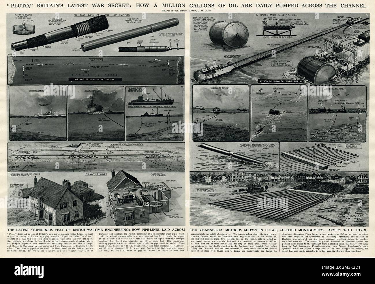 Serie di illustrazioni che mostrano il funzionamento dei tubi 'Plutone' (la linea di tubi sotto l'oceano) attraverso il canale della Manica, che hanno pompato milioni di galloni di benzina dalla Gran Bretagna alla Francia nel corso del 1944 e del 1945. Questo pezzo di ingegneria britannica è stato vitale per il progresso dell'invasione alleata dell'Europa occupata dal luglio 1944 in poi. Data: 1945 Foto Stock