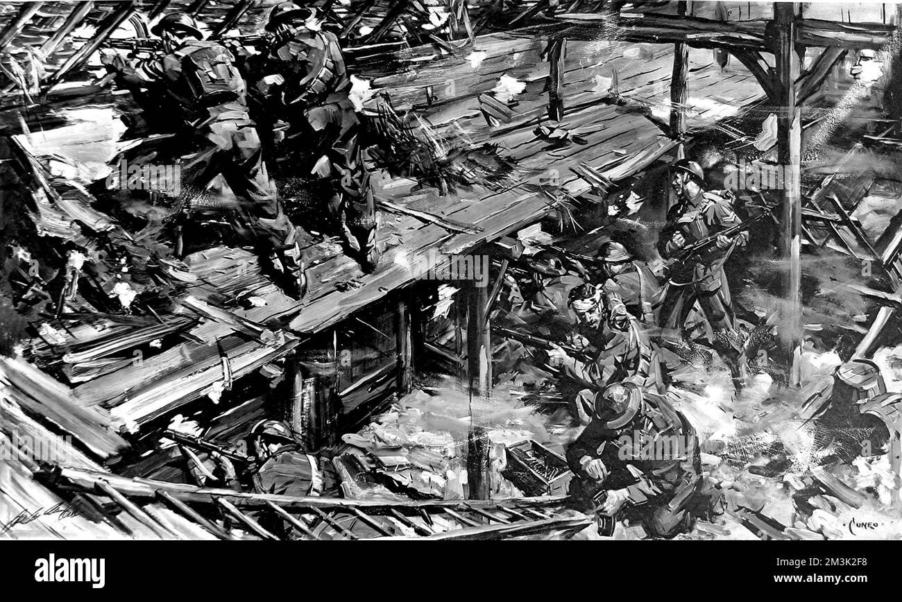 Il capitano Ervine-Andrews (in alto a sinistra) guida i suoi uomini del reggimento del Lancashire orientale in una posizione determinata contro un attacco di tre battaglioni tedeschi, vicino a Dunkirk, 1940. Per il suo ruolo in questa difesa, il capitano Ervine-Andrews è stato insignito della Croce Vittoria. Data: 1940 Foto Stock