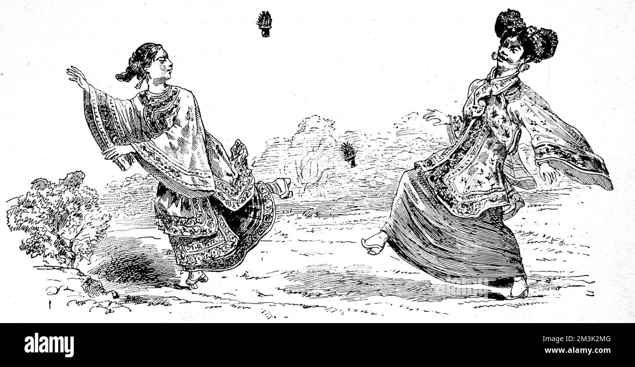 Due ragazze cinesi in vestito tradizionale giocando con i shuttlecocks; mantenendoli nell'aria soltanto usando i loro piedi. 1894 Foto Stock