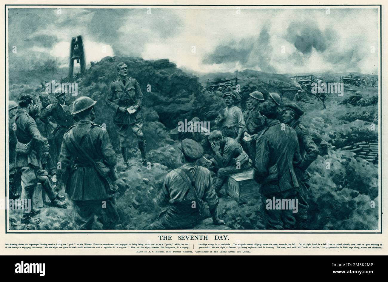 Soldati britannici che tengono un servizio di chiesa la domenica, in qualche luogo sul fronte occidentale in Francia, 1916. Il Chaplain (a sinistra, senza cappello) guida il servizio improvvisato mentre i pistoleri britannici (sullo sfondo, a destra) continuano a sparare le loro pistole in posizioni tedesche. Il campanello (in alto a sinistra) è stato utilizzato per dare avvisi di attacchi di gas. Data: 1916 Foto Stock