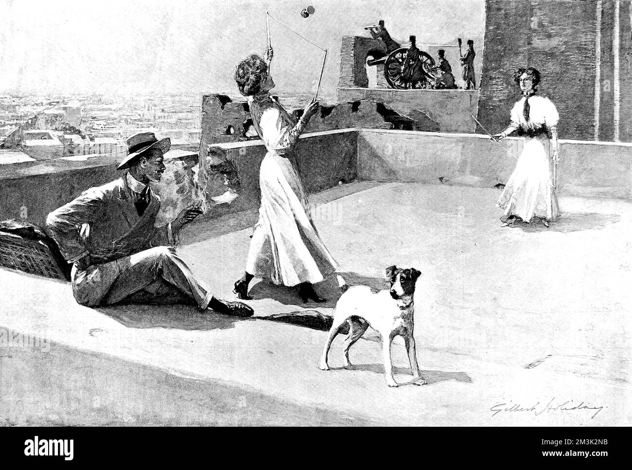 Due ragazze inglesi che giocano a 'Diabolo' su un tetto a Tabriz, Iran, 1908. Sullo sfondo una pistola d'artiglieria, presidiata da rivoluzionari persiani, si oppone ai reali persiani. 1908 Foto Stock