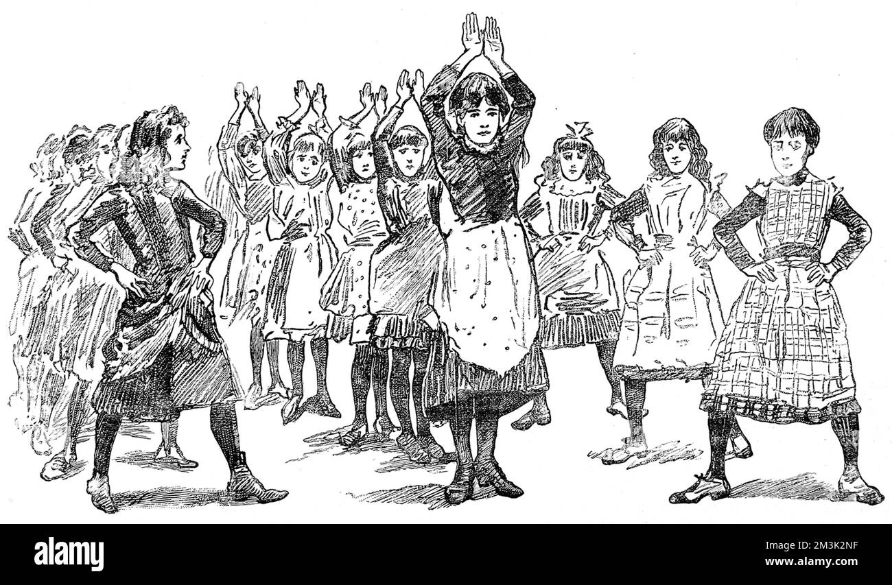 Tre linee di ragazze che effettuano una ginnastica presso il Politecnico Christian Institute di Londra. 1888 Foto Stock