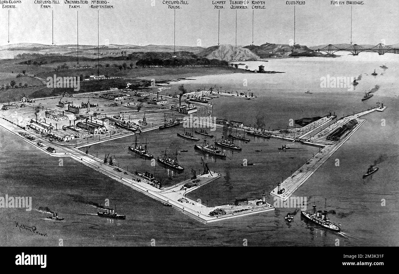 La base navale di Rosyth, nel Firth of Forth, guarderebbe una volta completata. Questa immagine è stata creata quando il lavoro sulla base era appena iniziato nel 1908. Foto Stock
