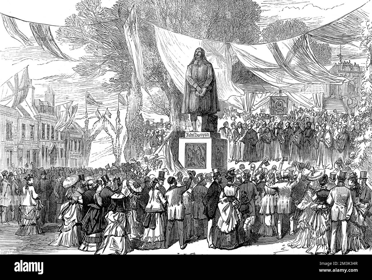 Statua di John Bunyan a Bedford, giugno 1874. Bunyan (1628 – 1688), scrittore e predicatore inglese, è stato un pastore a Bedford per 16 anni e ha trascorso 12 anni a Bedford County Gaol. Data: 1874 Foto Stock