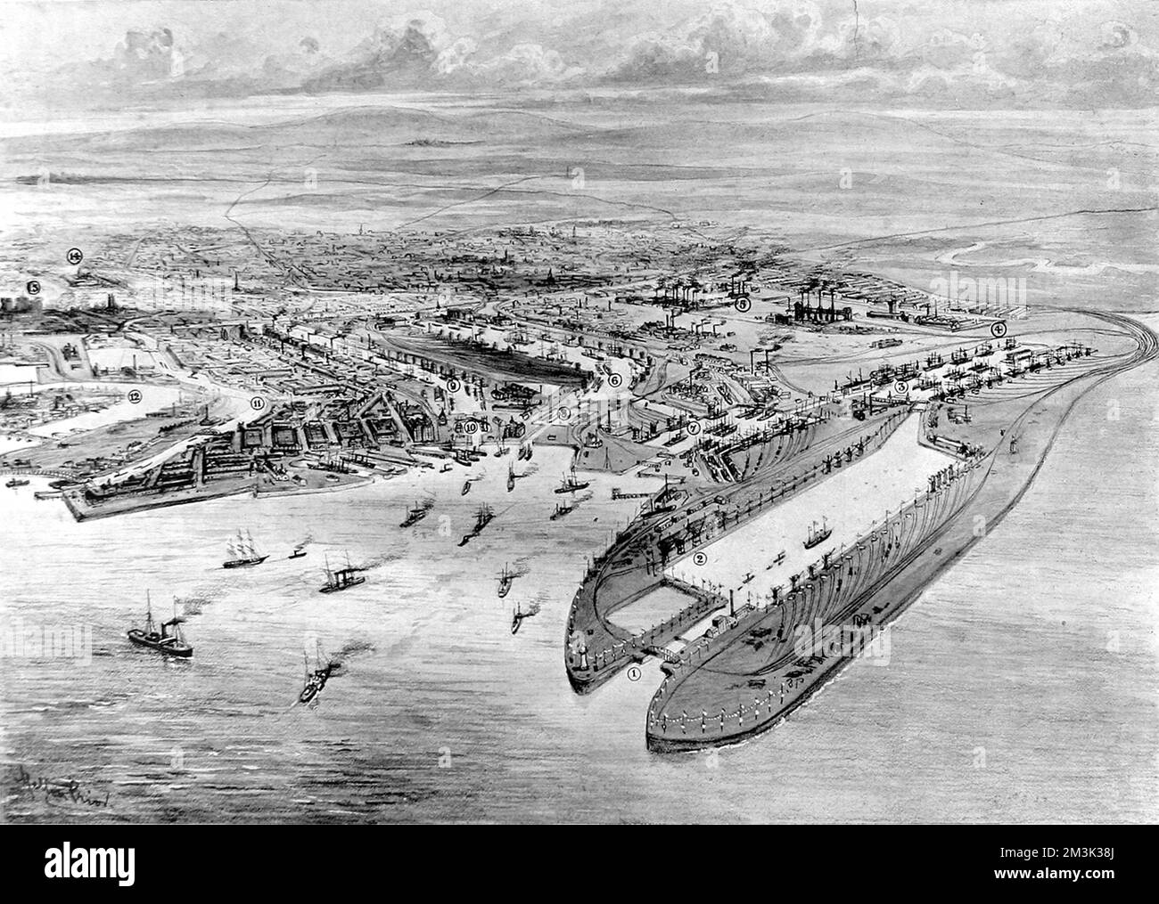 Vista aerea dei moli di Cardiff, Galles del Sud, con l'allora recentemente aperto Queen Alexandra Dock (centro a destra). Data: 1907 Foto Stock