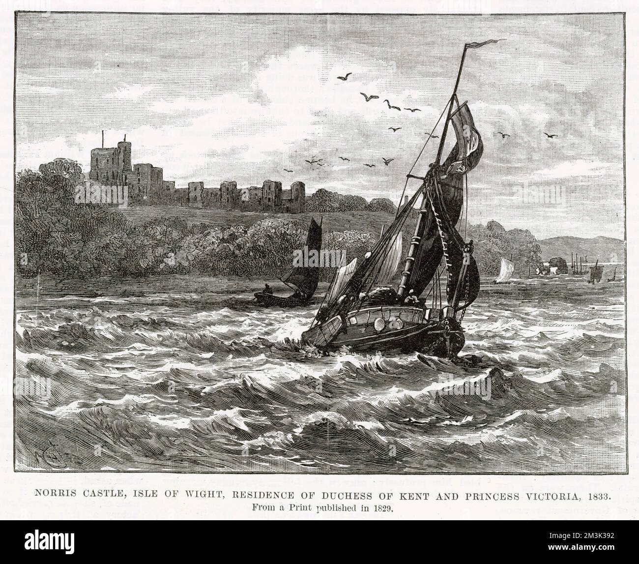 Una chiatta a vela nel Solent, con Norris Castello sull'isola di Wight sullo sfondo, 1833. Norris Castle fu la residenza della regina Vittoria (1819-1901) e di sua madre, la duchessa di Kent, a quel tempo. Foto Stock