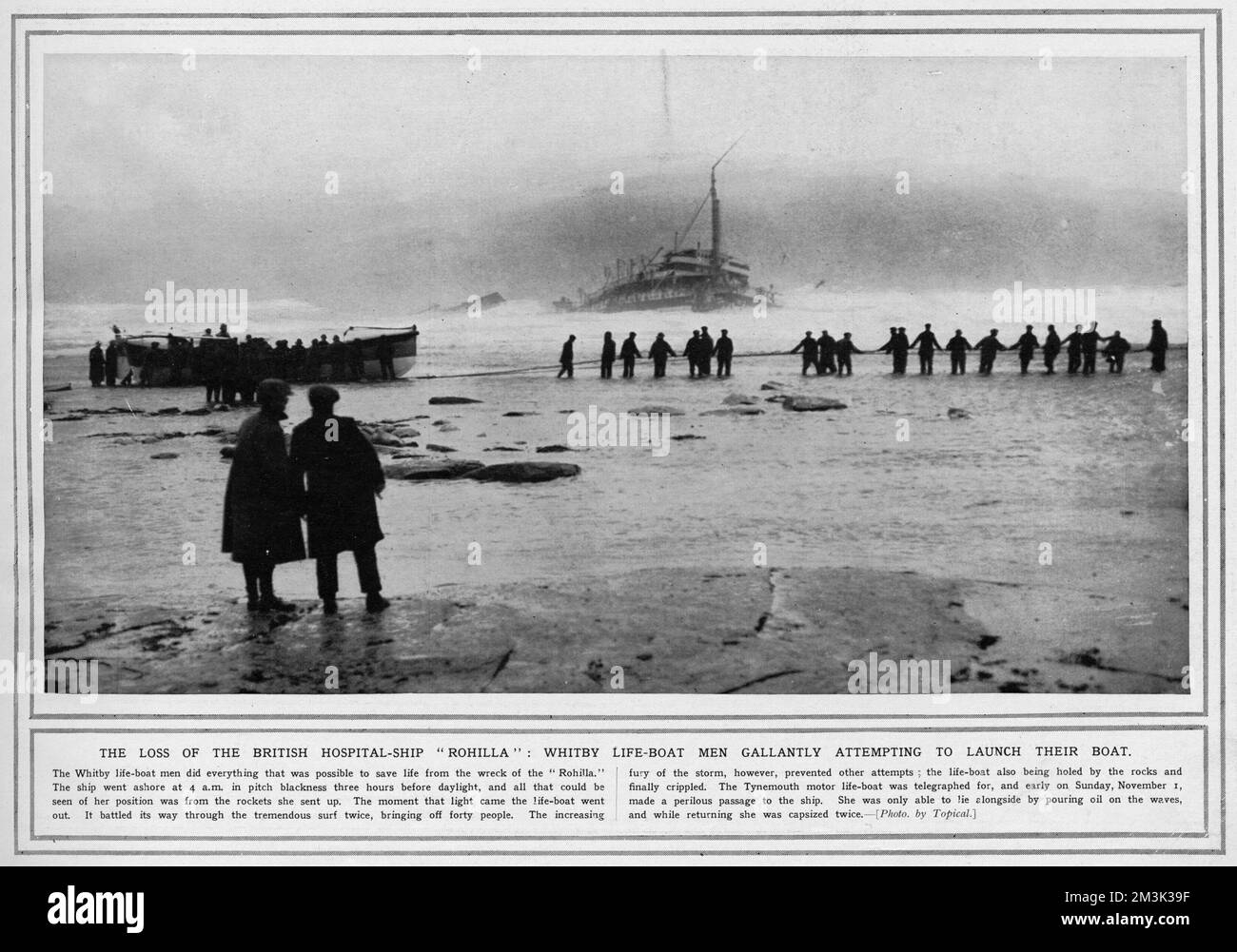 La perdita della nave britannica ospedale, Rohilla: Whitby Life-boat uomini che tentano di lanciare la loro barca. 1914 Foto Stock