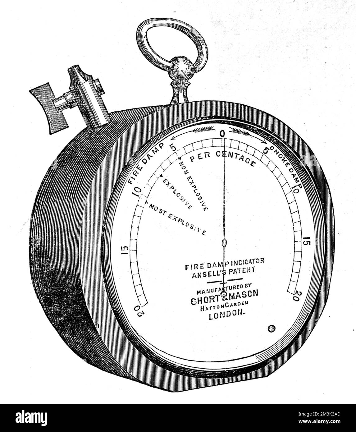 Strumento progettato da Ansell, per il rilevamento di umidità antincendio nelle miniere sotterranee, 1880. Se si accumulano gas "Fire-umido", aumenta il rischio di esplosione, spesso seguito da gravi perdite di vite umane. 1880 Foto Stock