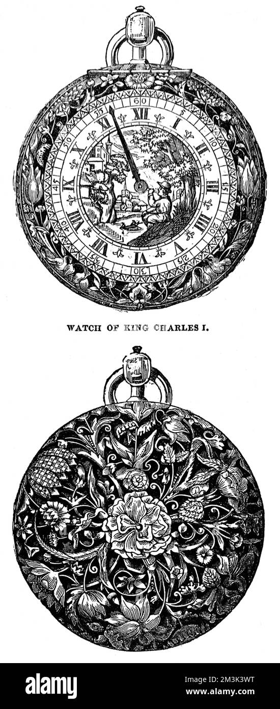 Due lati dell'orologio tascabile d'argento dato al re Carlo i, la mattina della sua esecuzione, da Sir Thomas Herbert. 1852 Foto Stock