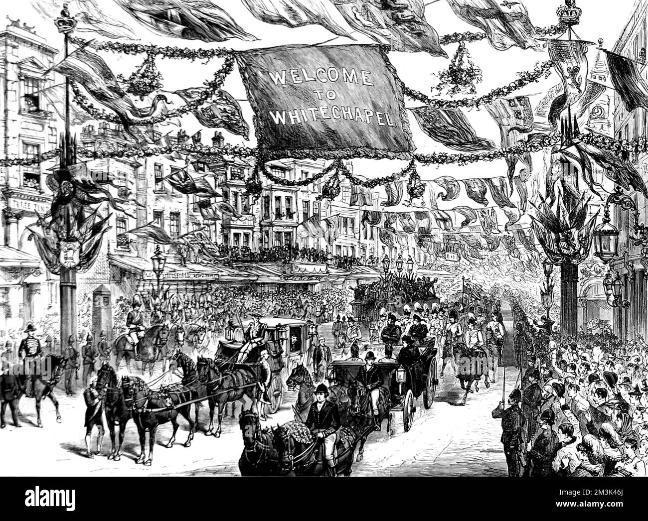 Carrozza trainata da cavalli della regina Vittoria in High Street, Aldgate, lasciando la città di Londra ed entrando a Whitechapel. 1887 Foto Stock