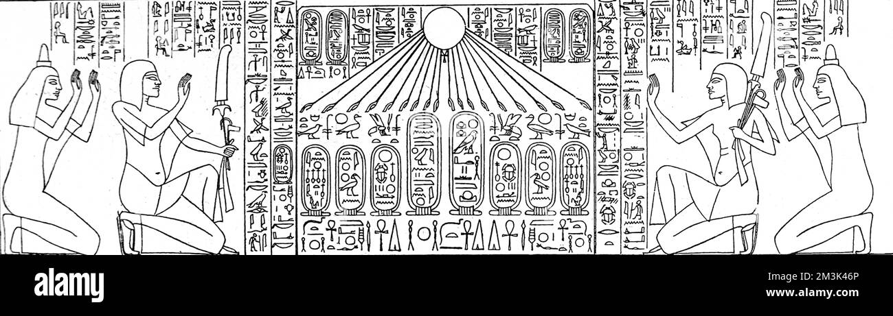 Sculture trovate sull'architrave della Tomba di Ay a El Amarua, vicino il Cairo in Egitto. Foto Stock