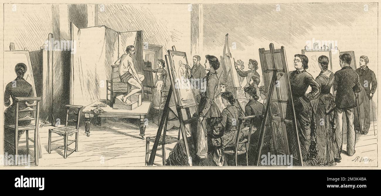 Corso di disegno di vita che si svolge nella sala 'Slade' dell'University College, Londra, 1881. Un gran numero di donne laureate è mostrato disegnando un modello maschile con un rivestimento scantly. 1881 Foto Stock