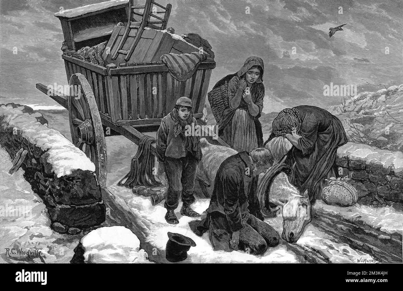 Una misera scena di stanchezza e di indigenza di una famiglia sfrattata su una strada innevata. Il loro carrello contiene i loro pochi possessi e il cavallo che tira il carrello è crollato con fame e fatica. Queste condizioni miserabili sono state portate avanti dalla carestia della patata nella metà del 19th ° secolo e ulteriormente aggravate dallo sfratto dei contadini colpiti dalla povertà dalle loro case e fattorie. 1880 Foto Stock
