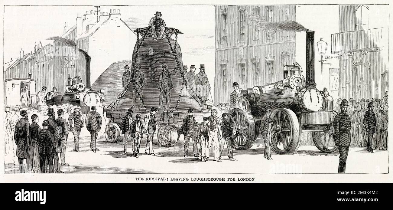 Trasporto di una "Grande Campana" o campana tenore da Loughborough a St Paul's Cathedral, Londra, 1882. Questa campana, che richiedeva un grande motore di trazione per il trasporto, pesava circa 62 cwt. Foto Stock
