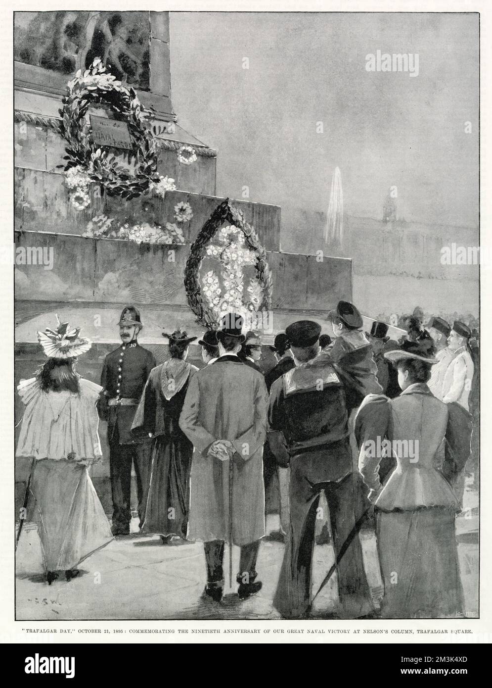 Commemorazione del diciannovesimo anniversario della vittoria della Battaglia di Trafalgar. Il 21 ottobre 1895 si riuniscono folle intorno alla colonna di Nelson a Trafalgar Square. Le corone sono appoggiate sui gradini. Foto Stock