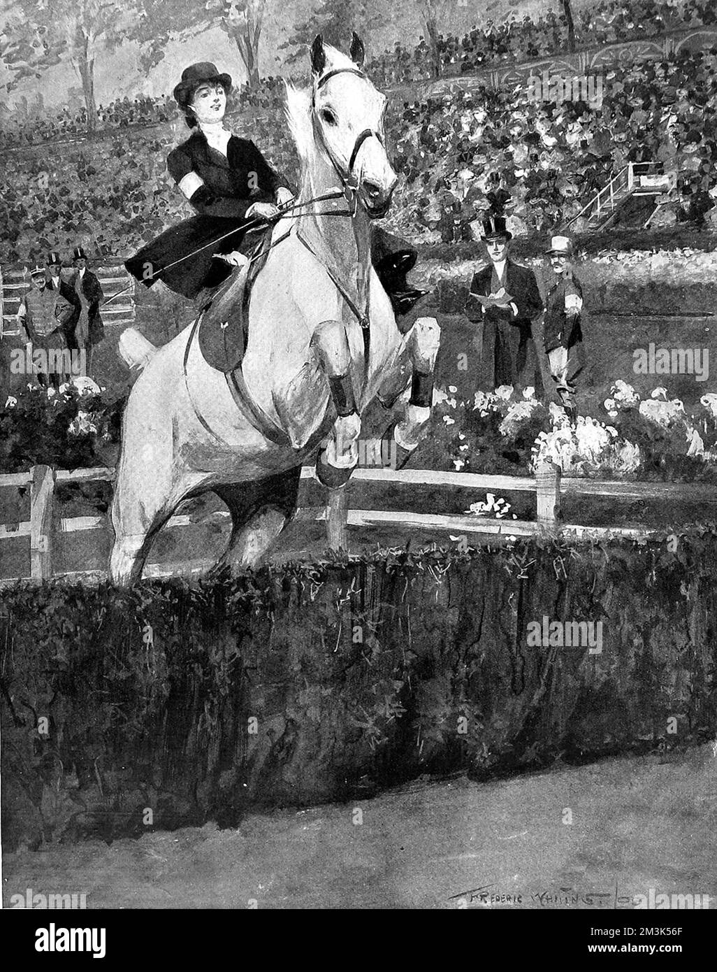 Illustrazione che mostra una concorrente femminile che prende il salto "parc a moutons" all'International Horse Show di Olympia. Data: 1908 Foto Stock