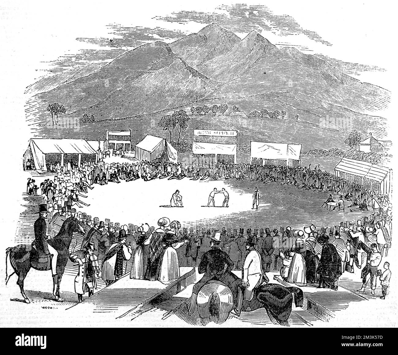 Incontro di wrestling che si svolge in una città di Cumberland, Inghilterra del Nord, 1842. 1842 Foto Stock