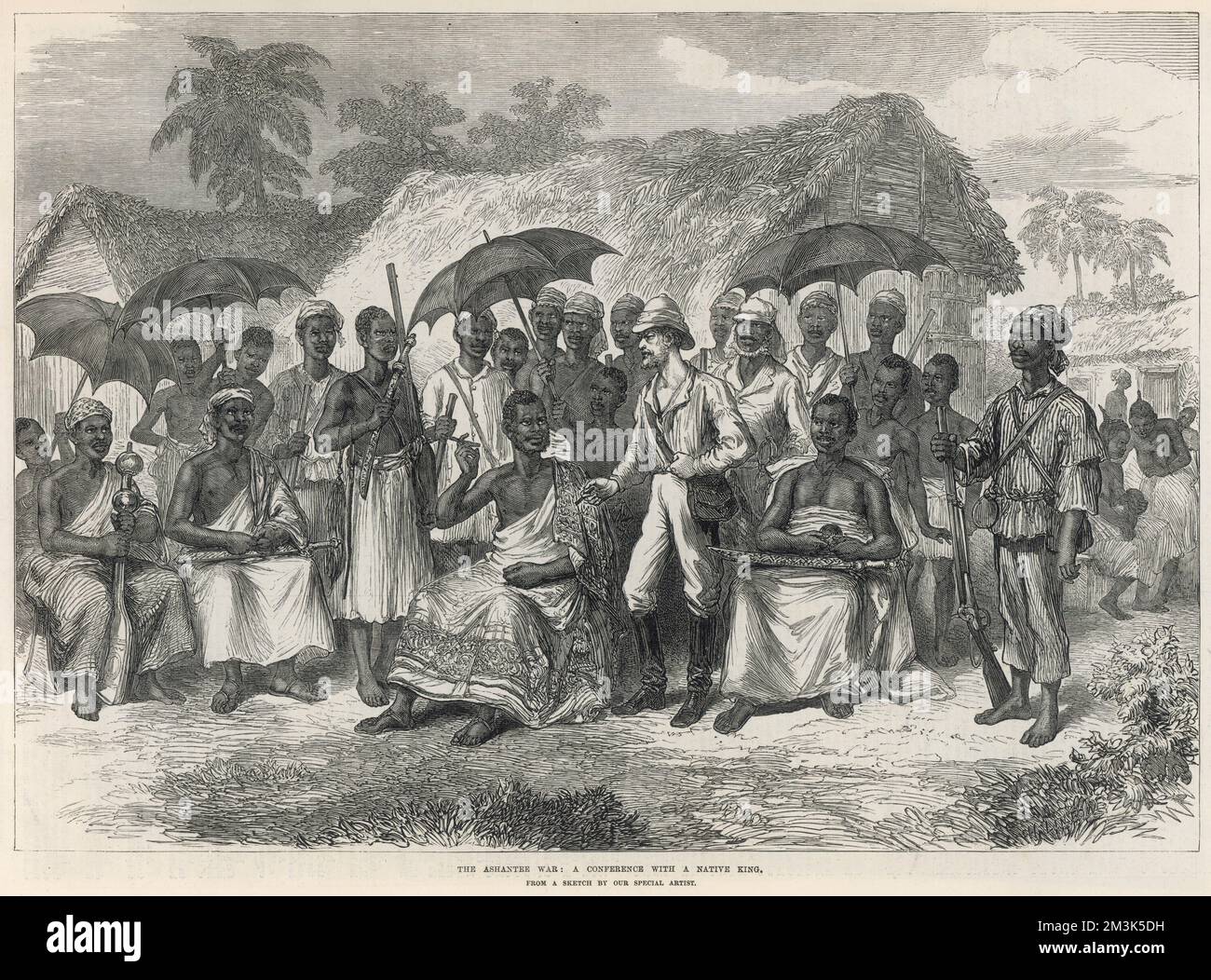Una conferenza tra gli inglesi e un re nativo. La seconda guerra Ashanti combattuta tra il 1873-74, fu tra il re Kofi Karikari, governatore degli Ashanti (o Asantehene), e gli inglesi. Entrambi cercavano di assicurare la città costiera di Elmina sulla costa occidentale dell'Africa, conosciuta anche come Gold Coast. 1874 Foto Stock
