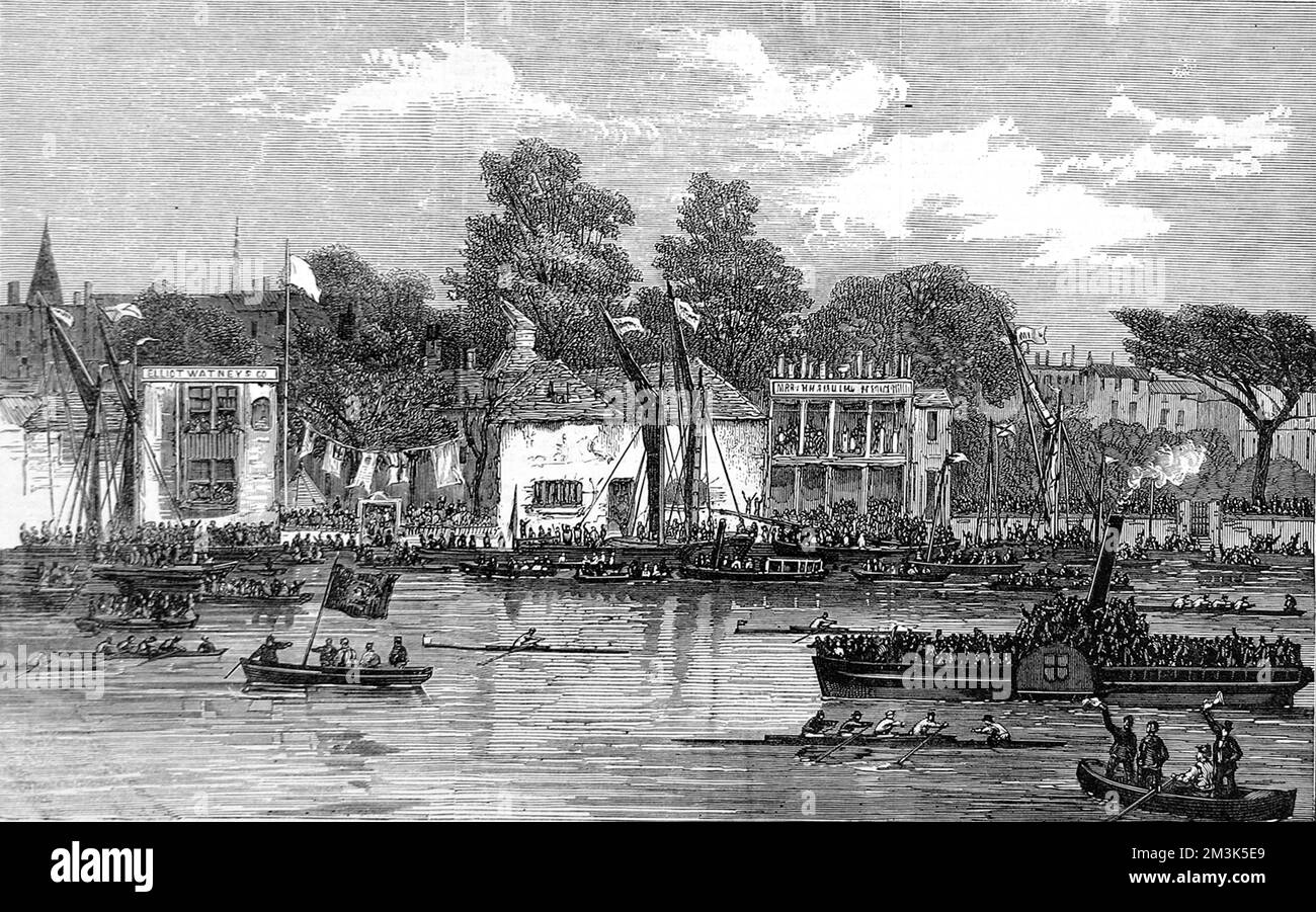 Il finale della gara per gli uomini d'acqua del Tamigi per Doggett's Coat e Badge, Chelsea. Questa corsa, che si svolge sul Tamigi, tra l'Old Swan, il London Bridge, e il White Swan, Chelsea, si svolge ogni anno. Nel 1869 la gara è stata vinta da George Wright. Data: 1869 Foto Stock