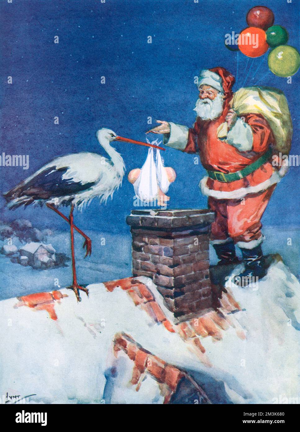 Arrivo di Babbo Natale e una cicogna, entrambi con consegne natalizie 1927 Foto Stock