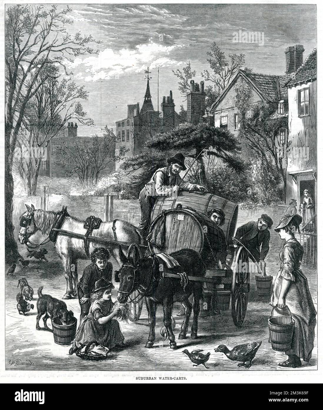 Due carrelli ad acqua, che consegnano forniture nella periferia di Londra nel 1875. Molta gente che porta i secchi fuori al carrello per comprare l'acqua fresca. Data: 1875 Foto Stock