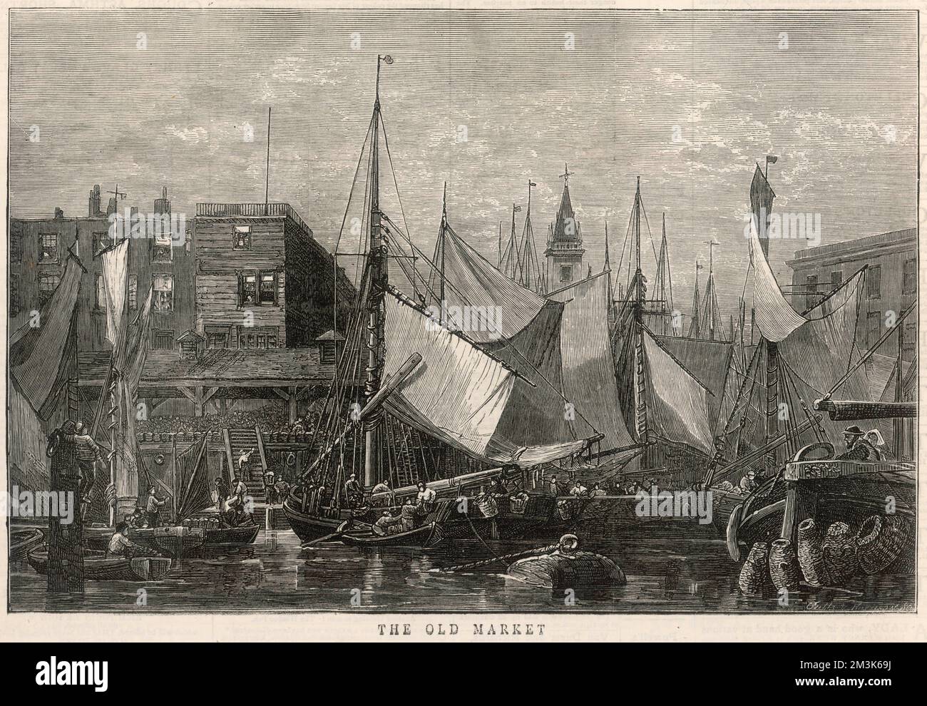 Esterno dell'Old Billingsgate Fish Market di Londra, vista dal Tamigi. In primo piano di questa immagine si possono vedere le barche da pesca a vela, accanto al mercato, portando il loro pescato a riva. 1875 Foto Stock