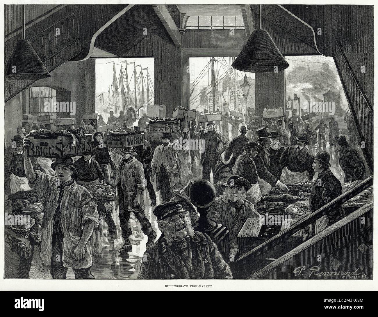 All'interno del Billingsgate Fish Market di Londra. I commercianti che osservano il pesce ed i portieri che portano le casse del pesce, sulle loro teste, nel mercato. Data: 1886 Foto Stock