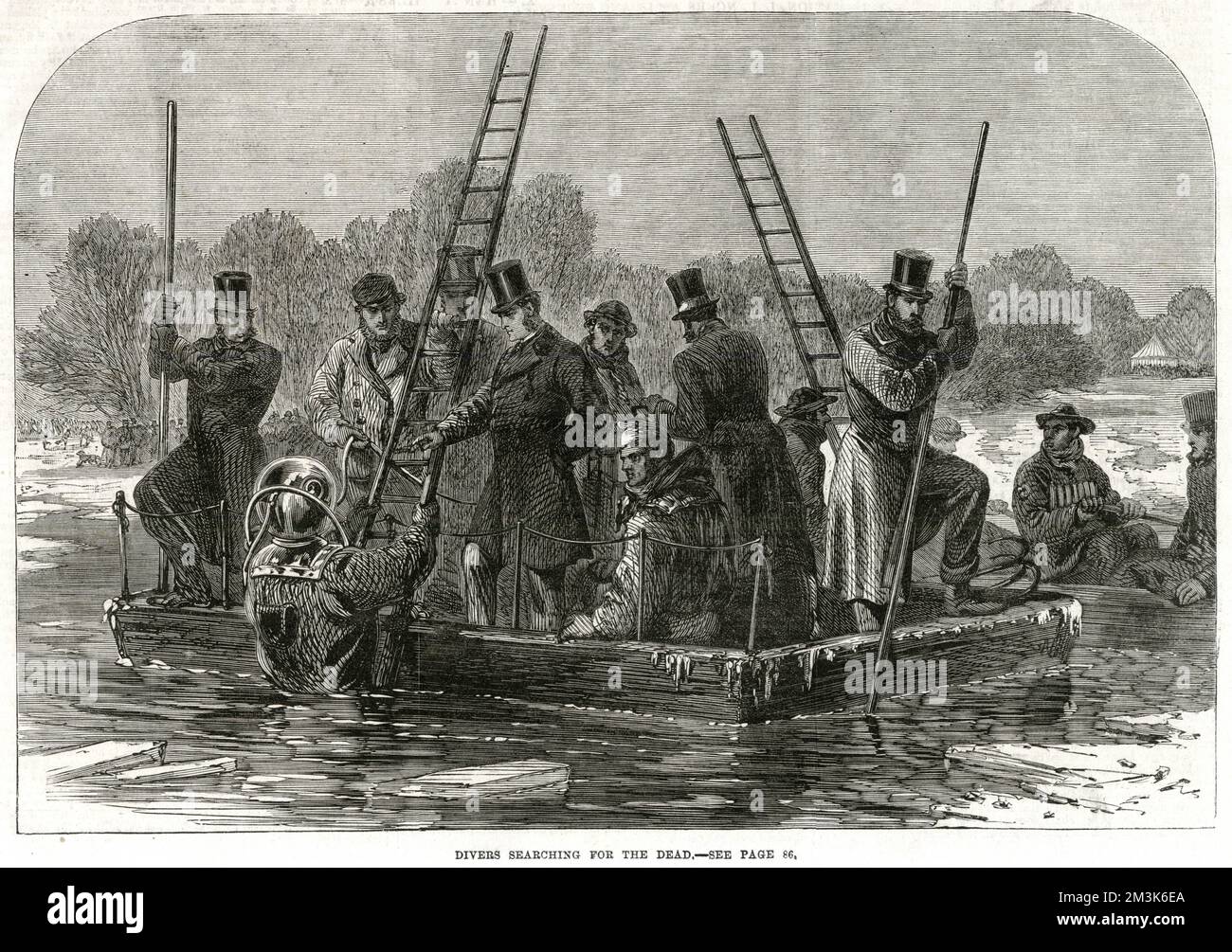 Autista che entra nel lago nel Regent's Park per cercare corpi di persone che erano cadute attraverso il ghiaccio durante un disastro di pattinaggio su ghiaccio. Data: Gennaio 1867 Foto Stock