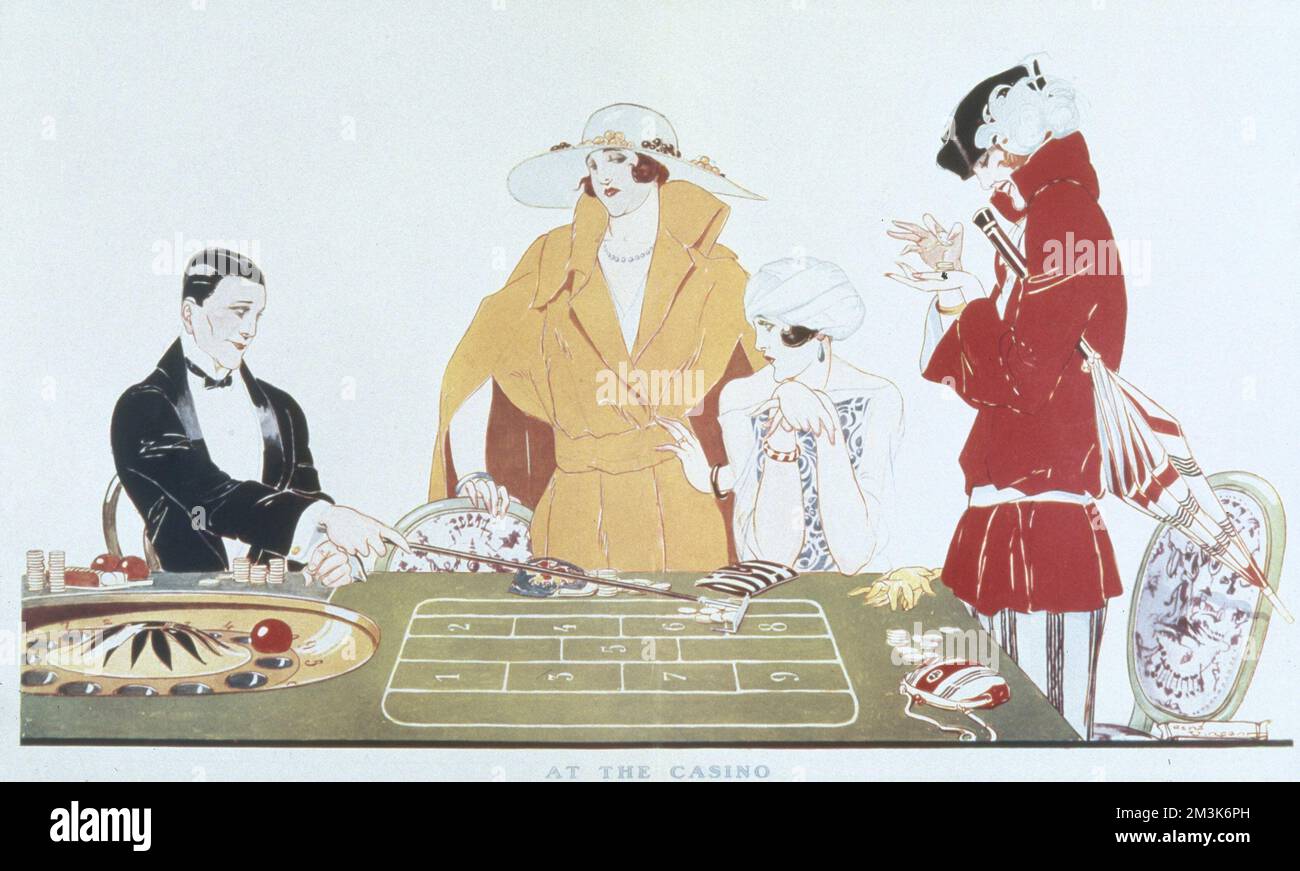 Un'illustrazione di colore che mostra tre Signore eleganti con un gioco d'azzardo croupier ad una ruota di roulette. Con la popolarità dei resort sulla Costa Azzurra, in particolare Monte Carlo, il gioco d'azzardo è stato un tema popolare tra gli artisti ILN durante gli anni interbellici. Foto Stock