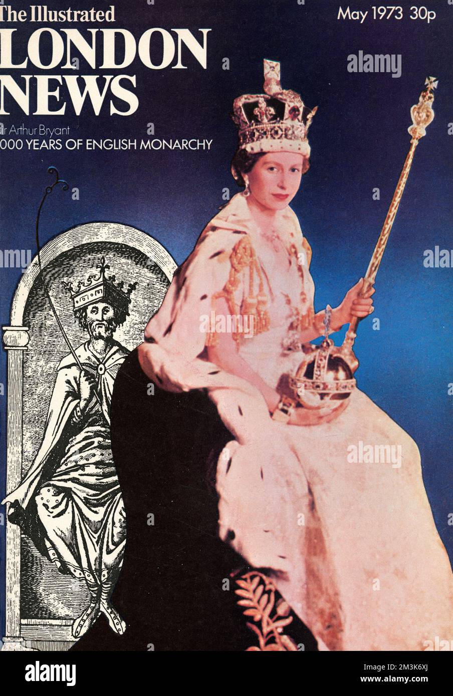 La copertina anteriore dell'ILN con un ritratto della Regina Elisabetta II, per celebrare i 1000 anni della monarchia inglese Data: 1973 Foto Stock