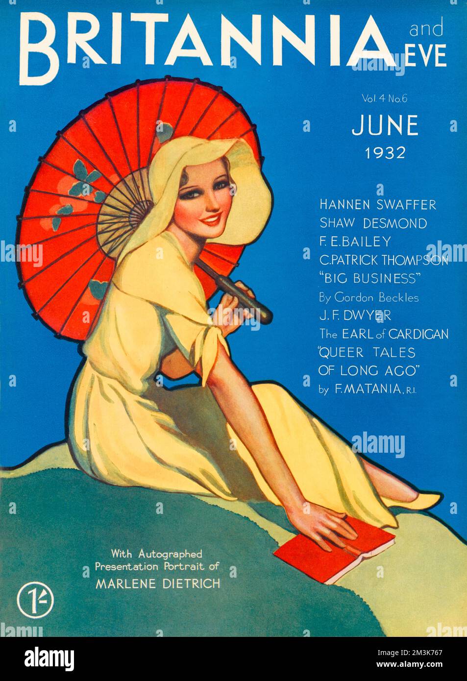 Illustrazione di copertina per la rivista Britannia ed Eve che mostra una donna del 1930s in un abito estivo alla moda e un cappello a forma di floppy, con un ombrellone cinese. Data: Giugno 1932 Foto Stock