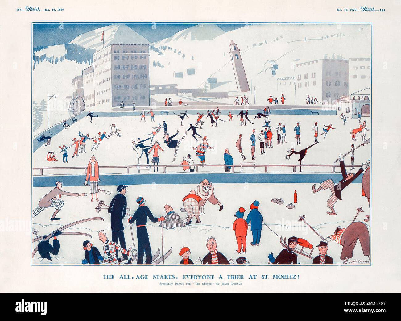 Un colore divertente che mostra gli sport invernali che si svolgono su una grande pista di pattinaggio. 1929 Foto Stock