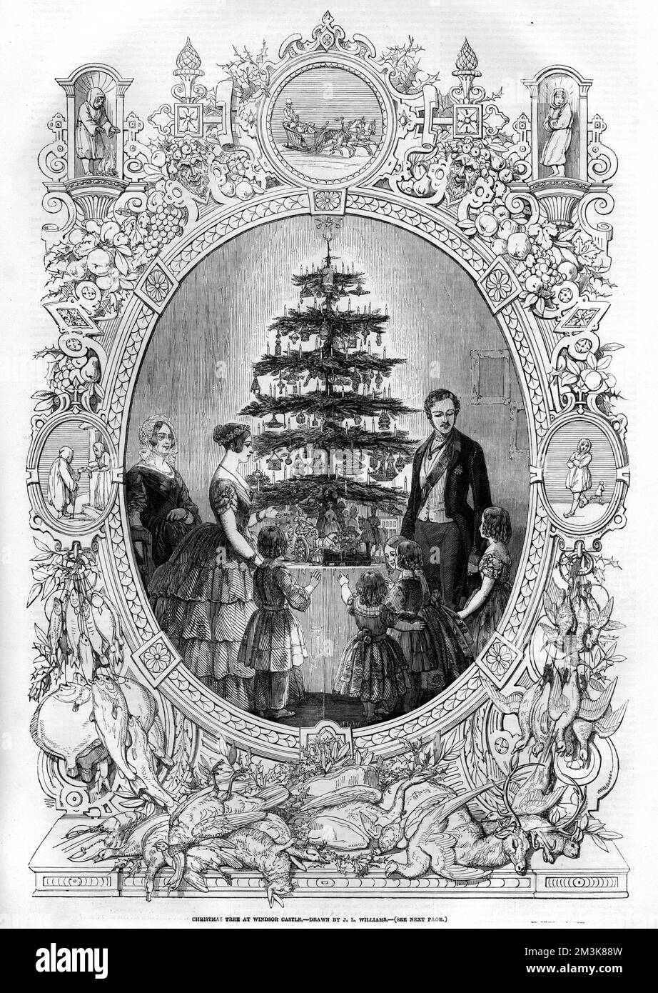 Incisione della Regina Vittoria e del Principe Alberto con i loro figli al Castello di Windsor. La famiglia reale può essere vista ammirando il loro albero di Natale. 1848 Foto Stock