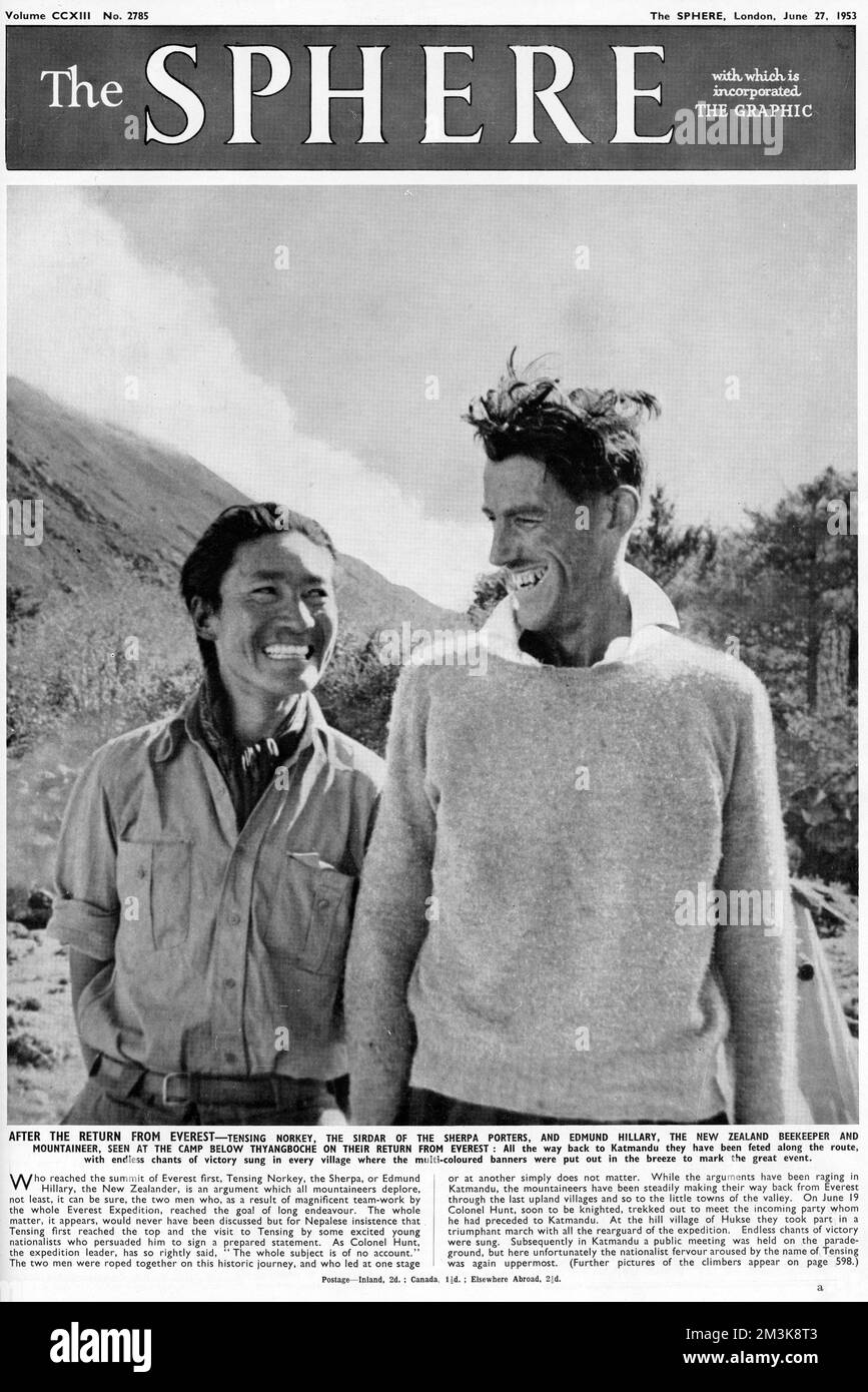 Sir Edmund Hillary con Tenzing Norgay dopo il loro riuscito tentativo di scalare il Monte Everest in Nepal il 29th maggio 1953. Il leggendario alpinista morì nel gennaio del 2008 Data: 27th giugno 1953 Foto Stock