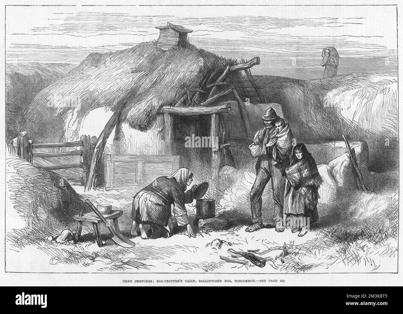 Uno schizzo irlandese raffigurante una cabina di cinghiale a Ballintober Bog a Roscommon in Irlanda. In lontananza, una donna sembra portare il suo carico di torba. Data: 13 dicembre 1879 Foto Stock