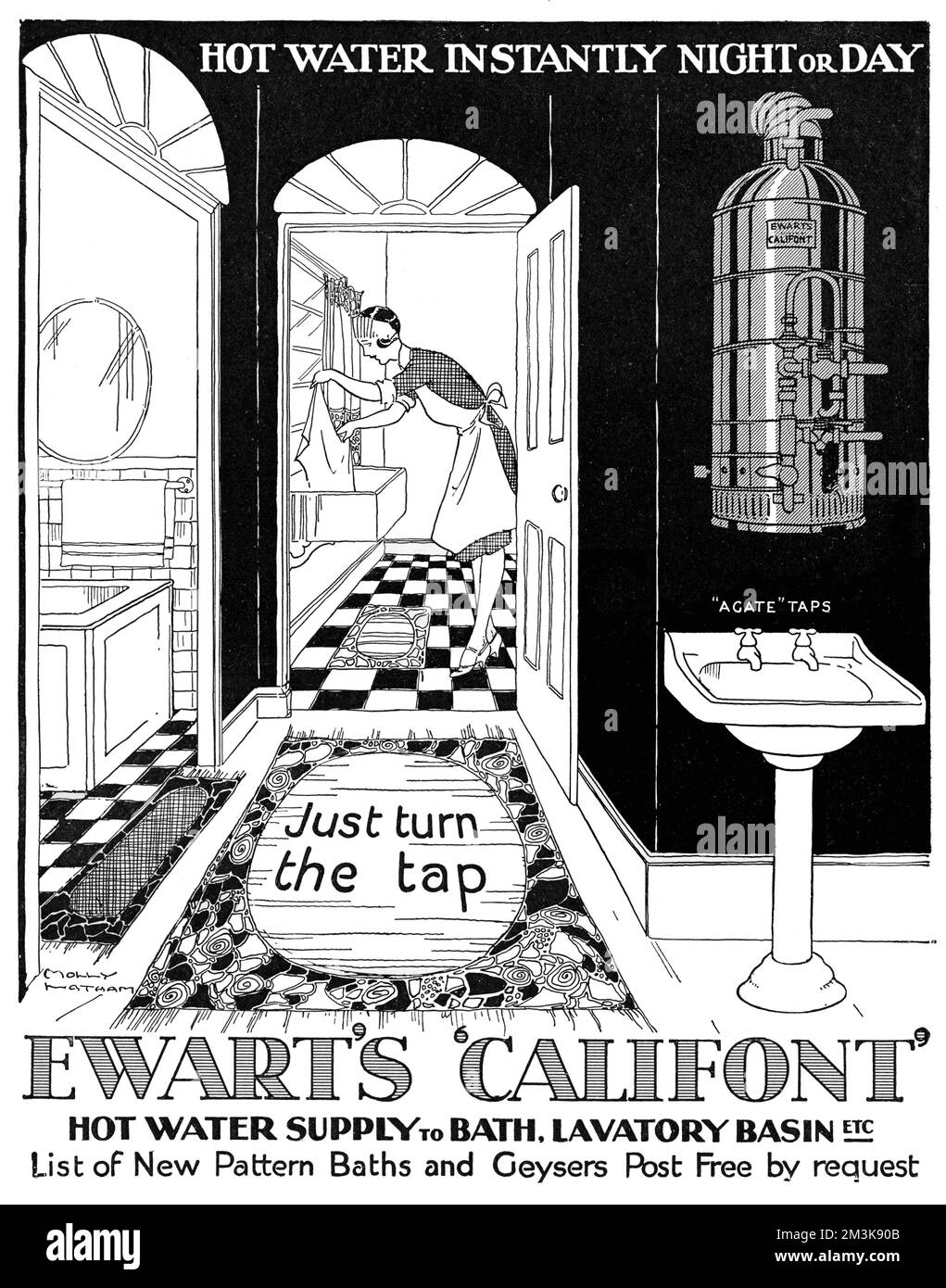 Pubblicità per l'acqua calda Califront di Ewart 1928 Foto Stock