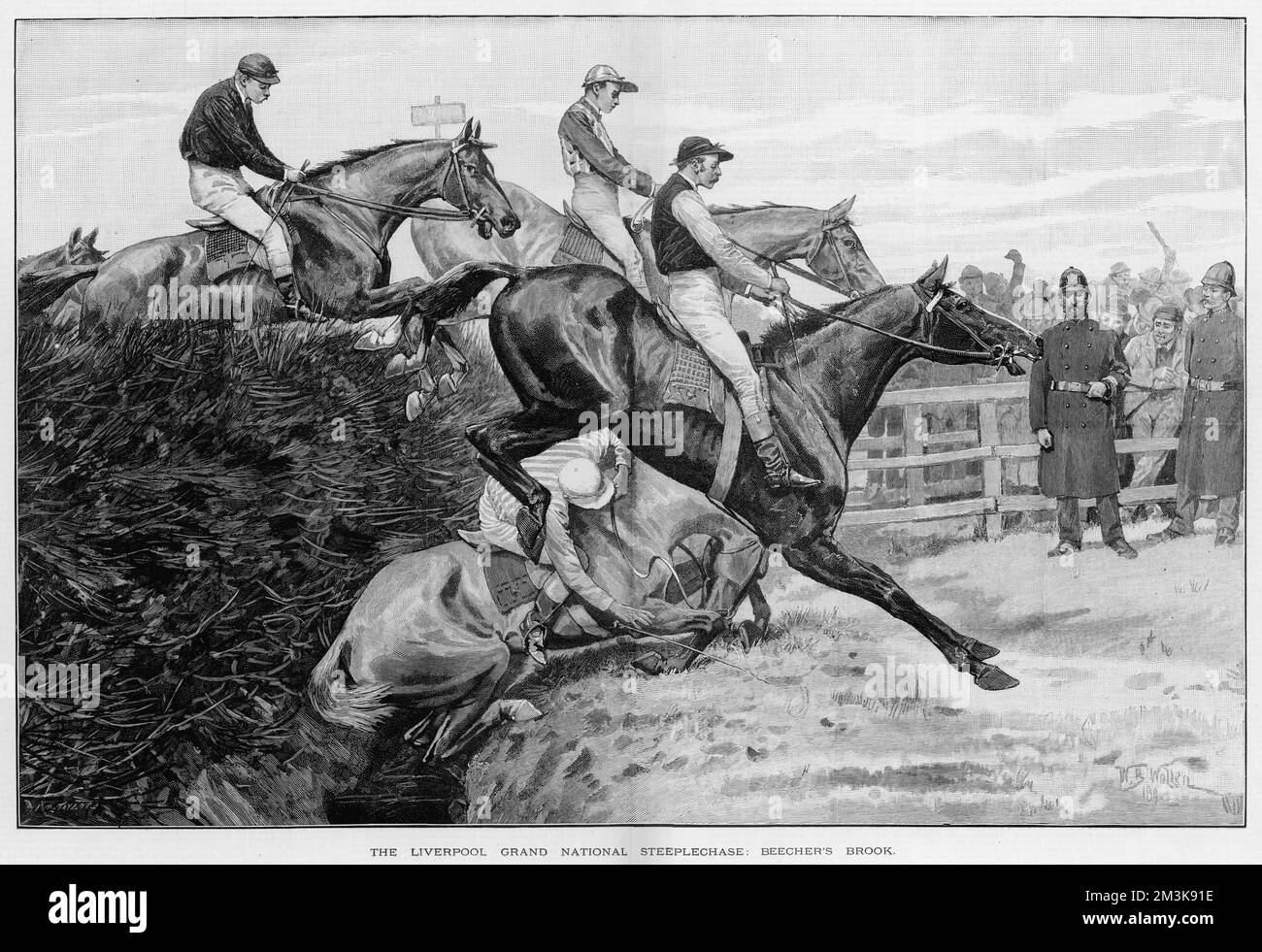 Un cavallo e il suo cavaliere prendono un pancino al famigerato Beecher's Brook sul corso Grand National di Aintree. Data: 29 marzo 1890 Foto Stock