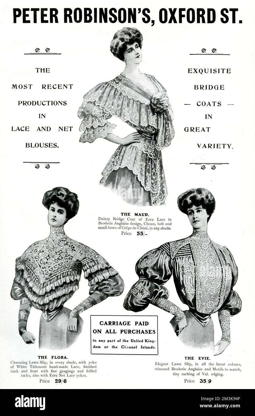 Tre donne che indossano bluse in pizzo e rete. 1905 Foto Stock