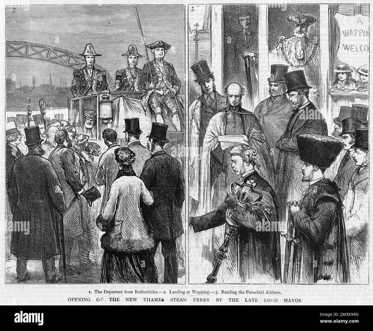 Apertura del traghetto Rotherhithe da parte del compianto Lord Mayor di Londra. 1877 Foto Stock