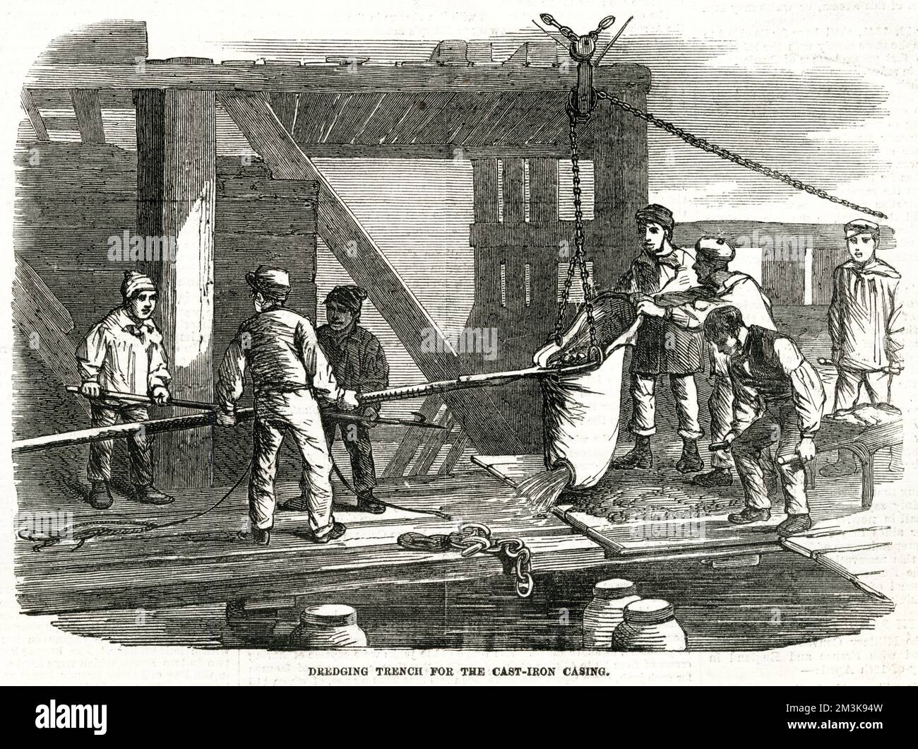 Costruzione del nuovo ponte : trincea di dragaggio per il nuovo telaio in ghisa. 1855 Foto Stock