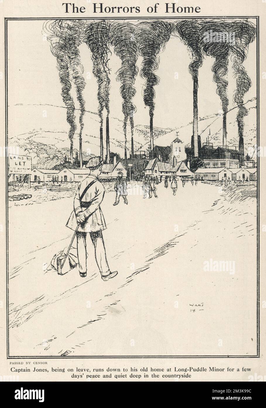 Un capitano, casa in partenza durante la prima guerra mondiale, torna al suo tranquillo villaggio di campagna per scoprire che è ora un centro dell'industria completa di camini belching, la produzione di armamenti per la guerra. Una casa da casa davvero. 1918 Foto Stock