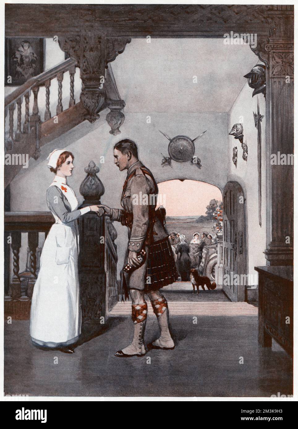 Un soldato kilted da uno dei reggimenti delle Highland dice Arrivederci alla sua infermiera quando lascia un ospedale che sembra essere stato installato in una casa signorile. Data: 1915 Foto Stock