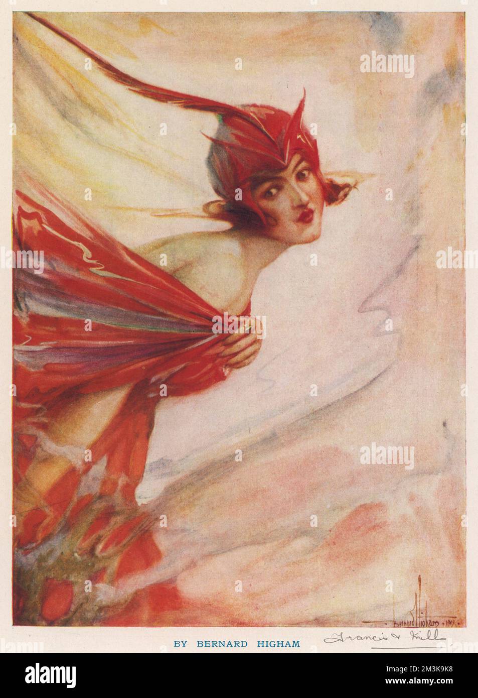 Una donna dai capelli rossi in un costume ispirato dal fuoco e dalle fiamme guarda con anelito all'artista. 1919 Foto Stock
