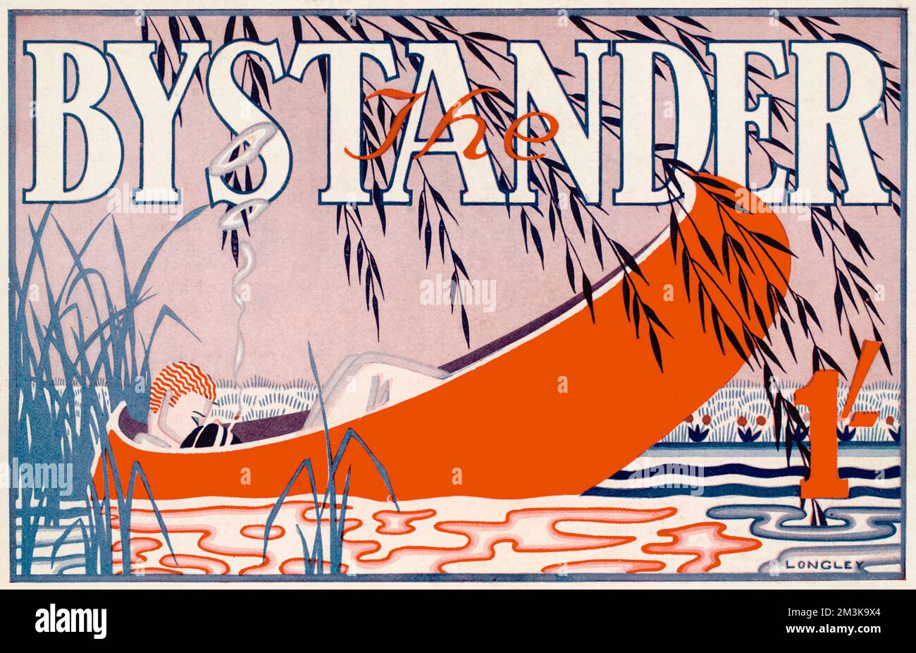 Un'illustrazione stilizzata in stile art deco per la testa di Bystander che mostra una scena fluviale con un giovane e luminoso rilassante &amp; fumare in una barca che bonding dalla banca. Data: 2 luglio 1930 Foto Stock