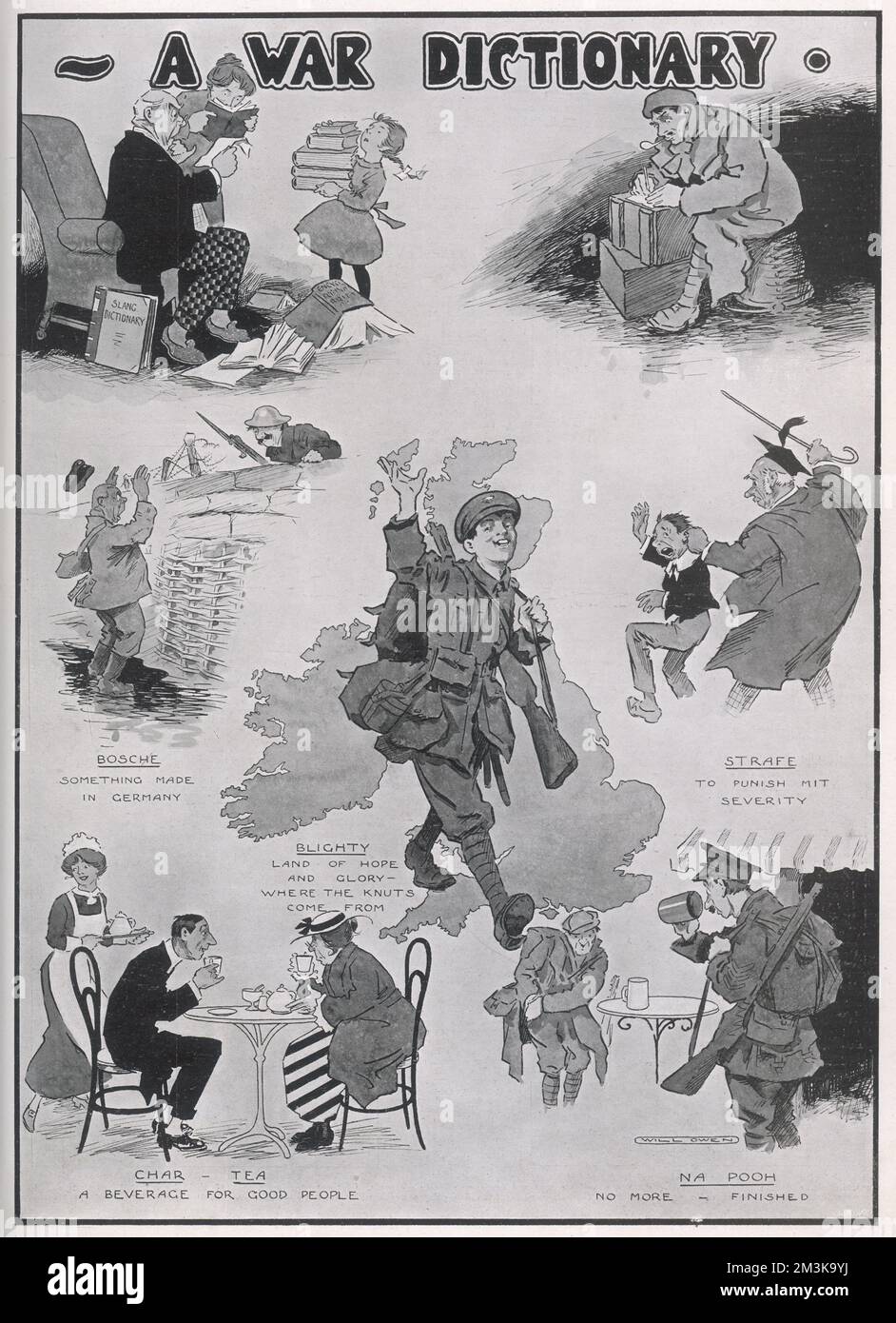 Cartoon di Will Owen guida i lettori attraverso una serie di espressioni influenzate dalla guerra come 'safe' (punish), 'blighty' (Britain), che, durante la prima guerra mondiale, divenne parte del lessico della nazione. Altre parole includono 'char' per il tè, 'Bosche' per i tedeschi (anche noto Fritz o Jerry) e 'Na Pooh' che significa non più, o finito. Alcuni dei termini gergali che hanno origine durante la Grande guerra sono ancora usati nella moderna lingua. Foto Stock