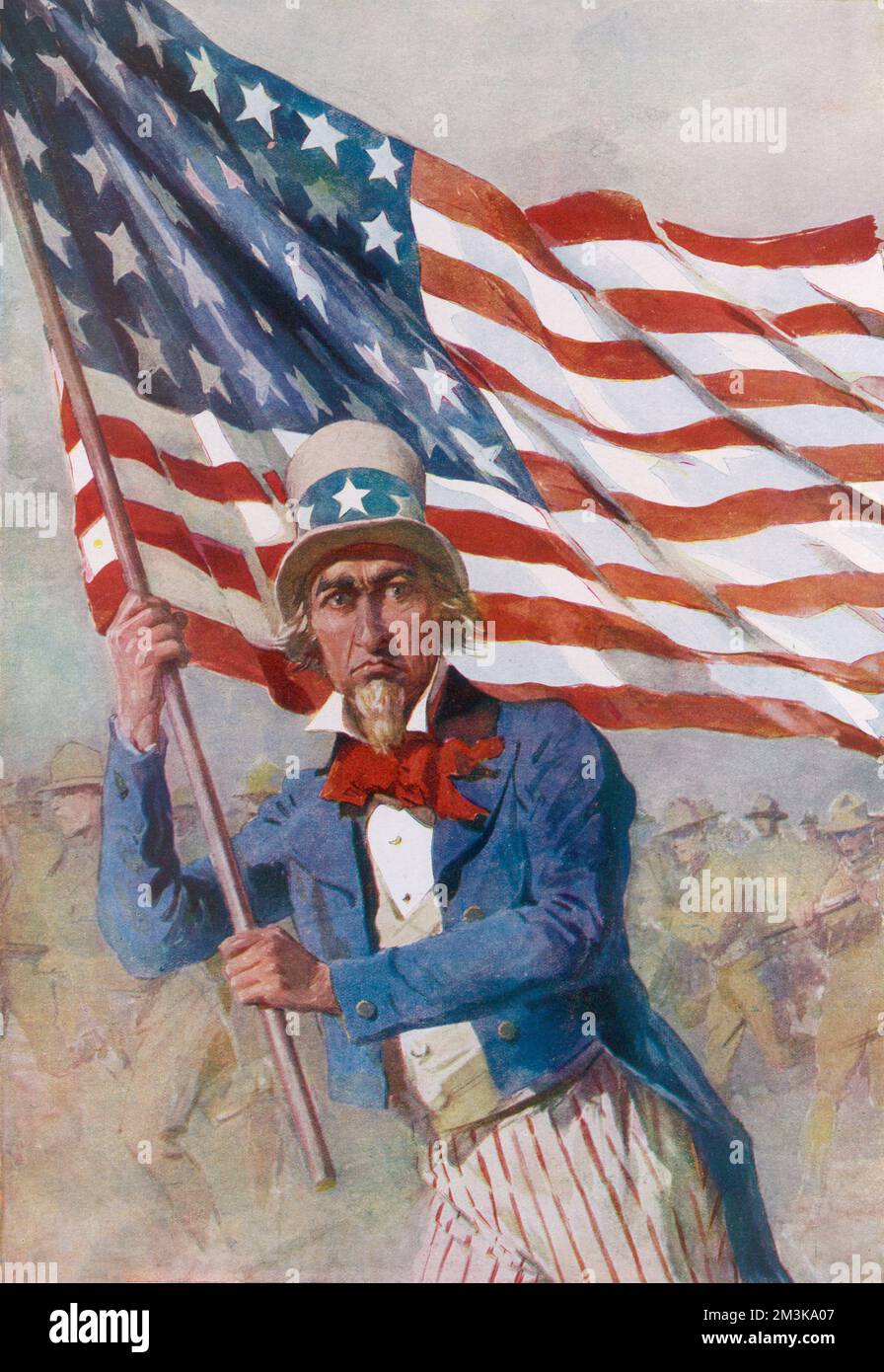 Zio Sam, simbolo degli Stati Uniti d'America, sventola la bandiera Stars & Stripes e rappresenta il contributo degli americani alle truppe della prima guerra mondiale. Data: 1919 Foto Stock