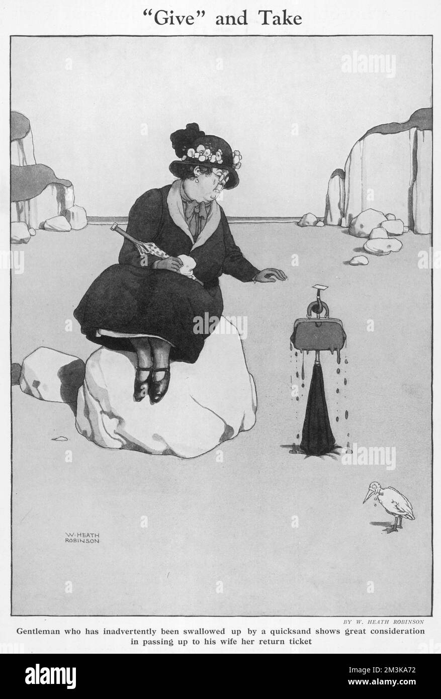 Cartoon, dare e prendere. Un uomo inghiottito da quicksand mostra grande considerazione nel passare fino a sua moglie il suo biglietto di ritorno con il suo ombrello. 1927 Foto Stock